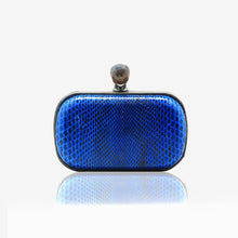 Load image into Gallery viewer, Dahlia python box clutch blue color with smoky quartz clasp closure
