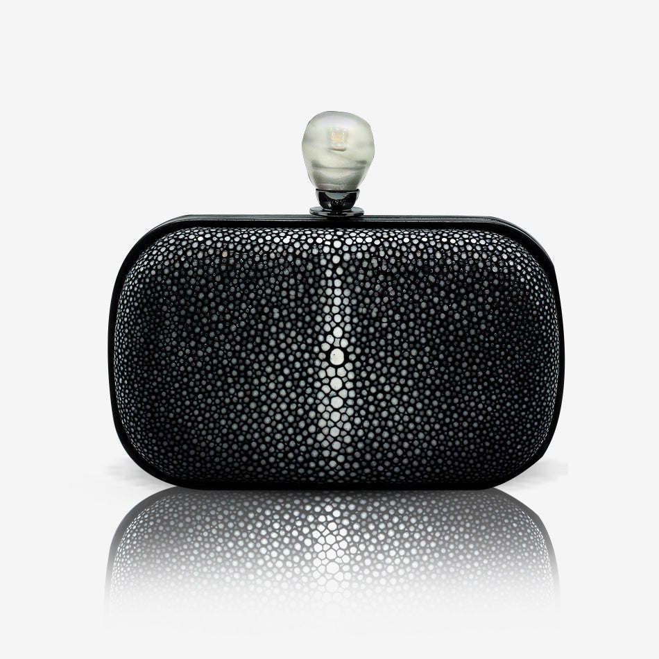 Dahlia stingray box clutch dark blue color with pearl clasp closure