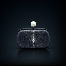 Load image into Gallery viewer, Dahlia stingray box clutch dark blue color with pearl clasp closure
